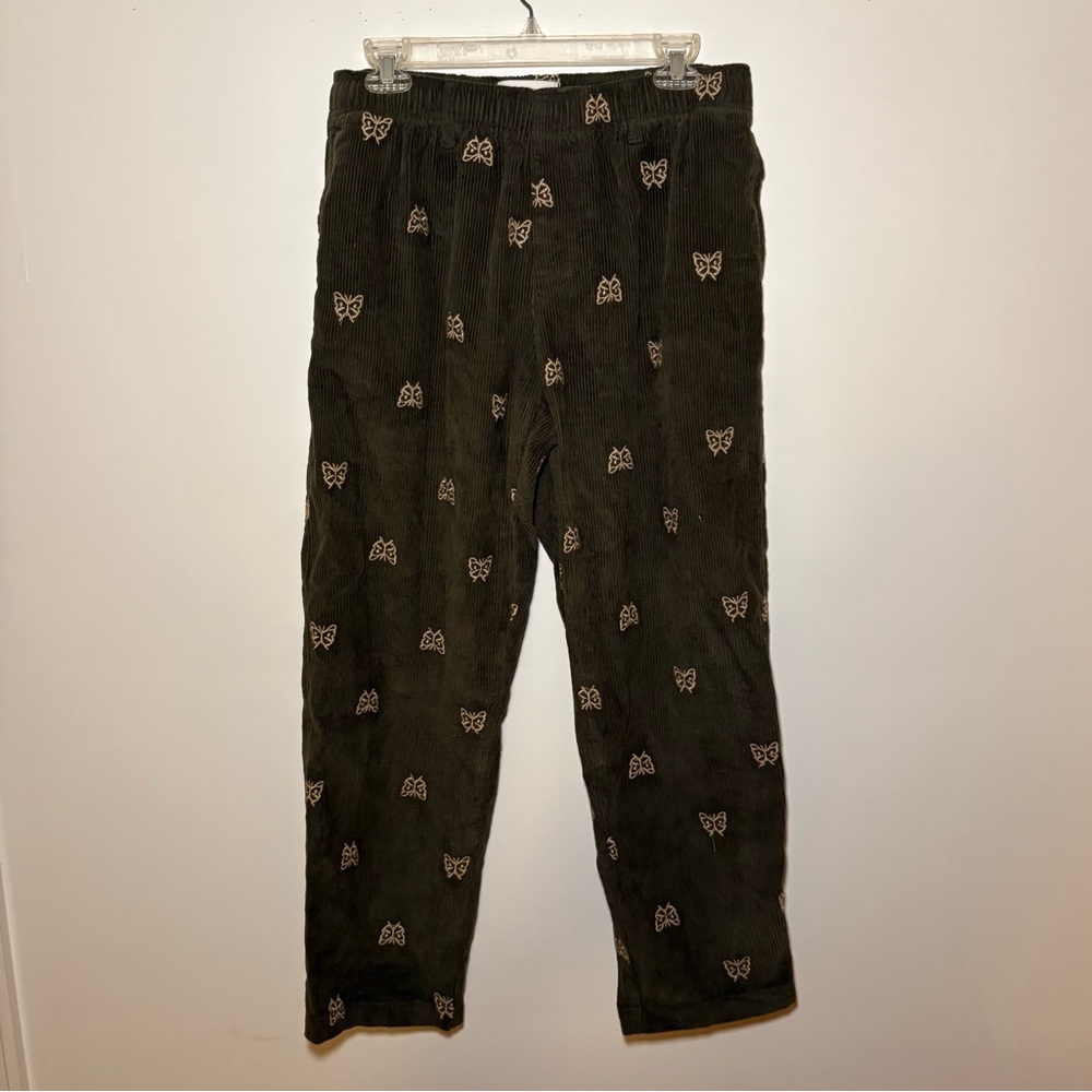 Urban Outfitters Green Corduroy Pants Butterfly Embroidered Stretch Elastic M